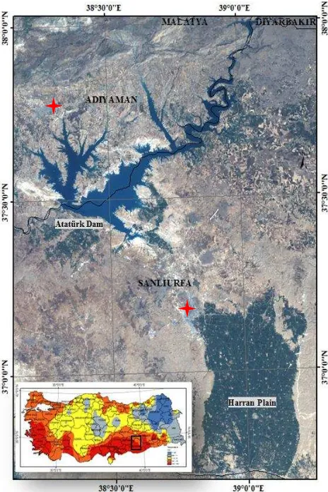 Fig. 1   Location of planned irrigation schemes of GAP. (Striped areas will be irrigated from Atatürk Reservoir; others will be irrigated by other sources) (SPO, 1989)
