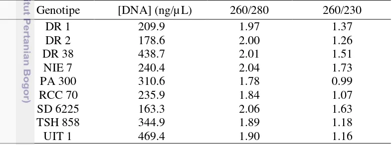 Tabel 1  Hasil pengujian konsentrasi dan kemurnian DNA kakao menggunakan 