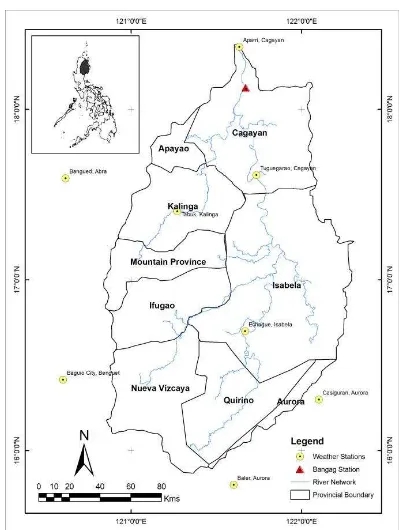 Figure 1.  The Cagayan River Basin, its provinces, the Bangag  Station, and weather stations