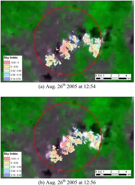 Figure 4. Overlaying clouds area discriminated from whole sky image to MODIS image.  