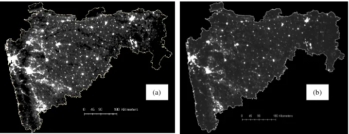 Figure 1: The state of Maharashtra as obtained from two DMSP-OLS images of 2001. (a) Maharashtra shown using the stable lights dataset