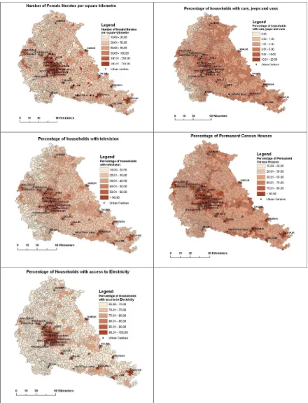 Figure 2: Maps of predicted census metrics for the villages of the district of Pune