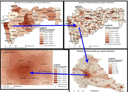 Figure 3: The effect of scale in the prediction of census metrics at (a) Districts; (b) Taluks; (c) Villages and (d) one square kilometre areas