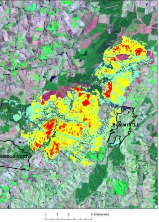Figure 3.  Delburn classified soil burn severity image. Light blue = Low, Yellow = Moderate, and Red = High