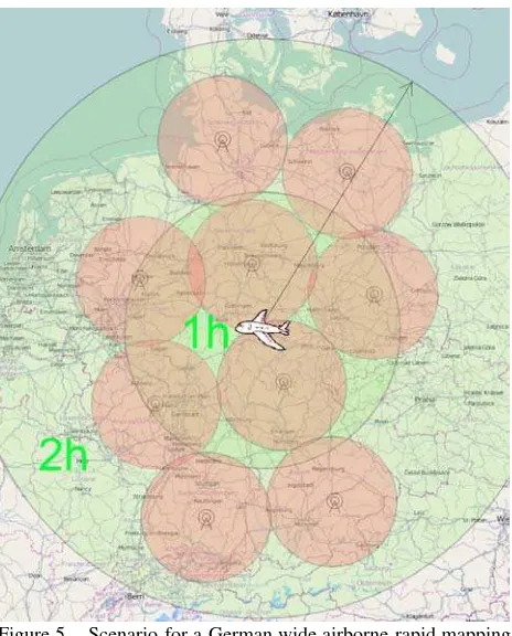 Figure 5.  Scenario for a German wide airborne rapid mapping  service based on nine stationary receiving stations and one airplane (Scenario D)