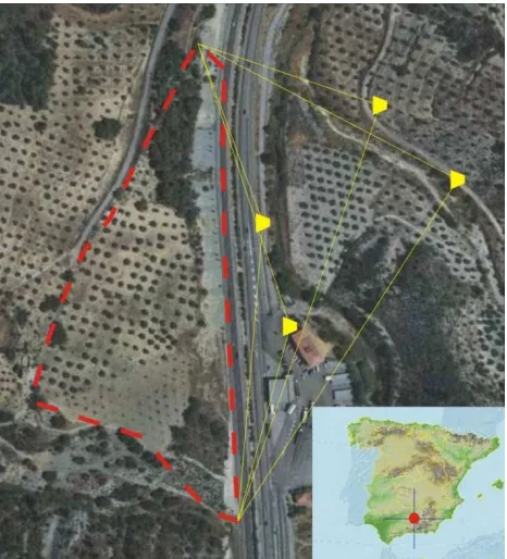 Figure 1. Orthophotograph of the study area in Jaén province (Southern Spain). The landslide zone is delimited by dotted red 
