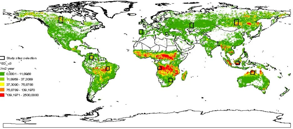 Figure 2: Study sites used for the fire_cci BA project. The estimated emissions based on the GFEDv3 (van der Werf et al., 2010) database are used as the background 