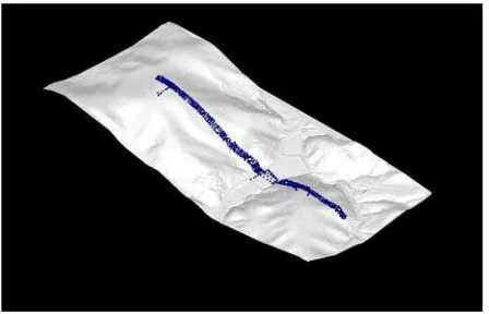 Figure 4. TIN of terrain model and ground truth surveyed points (blue dots)  