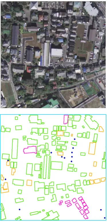 Figure 3. Image and change detection results in a test area (Blue: Newly-built, Pink: Demolished, Orange: Reconstructed) 