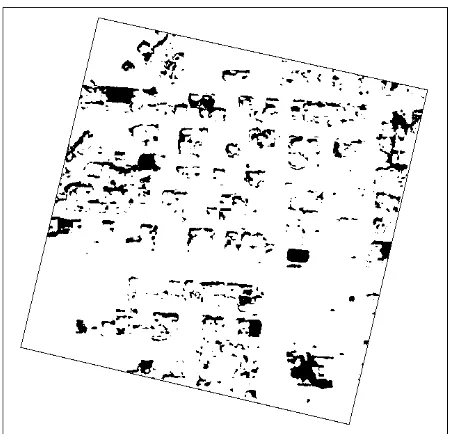 Figure 8. (a) IKONOS DSM of the whole scene,  (b) IKONOS DSM superimposed with height blobs from nDSM in red,       (c) GIS objects covered (yellow) and not covered (red) by height blobs, the latter being candidates for demolished buildings, (d) blobs (red