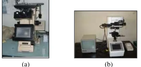 Gambar 3.7. a. Mikroskop metallurgy dan b. Mesin uji keras mikro vickers 