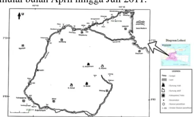 Gambar 1. Peta Lokasi Pengambilan Sampel  Kerang Unionidae di Sungai Brantas 