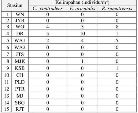 Tabel 2. Kelimpahan masing-masing jenis kerang unionidae di setiap stasiun di Sungai Brantas  Stasiun  Kelimpahan (individu/m