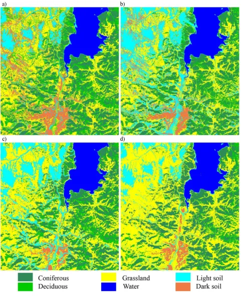 Figure 2. Comparison of the classification results for the selected classes:  (b) Classified image using PALSAR and original bands of the multitemporal Landsat data,  (a) Classified image using original spectral bands of the multitemporal Landsat data,  (c