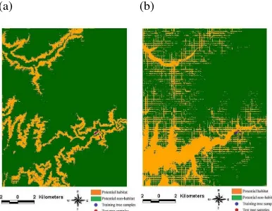 Figure 2 SS-3: four models for mapping the potential habitat of cycad-ferns in the Huisun study area, (a) MAXENT; (b) GARP; (c) GLM; (d) DA