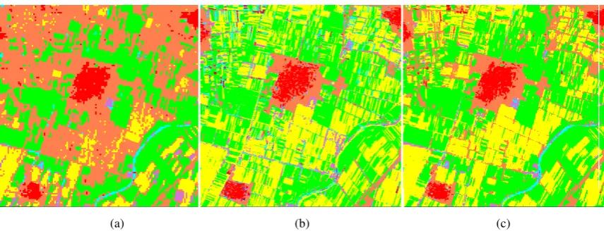 Figure 2 Portions of land cover classification results using difference data combinations for Hengshui area: (a) ETM+ data alone; (b) SPOT 5 alone; (c) Combined ETM+ and SPOT 5 data using WOE