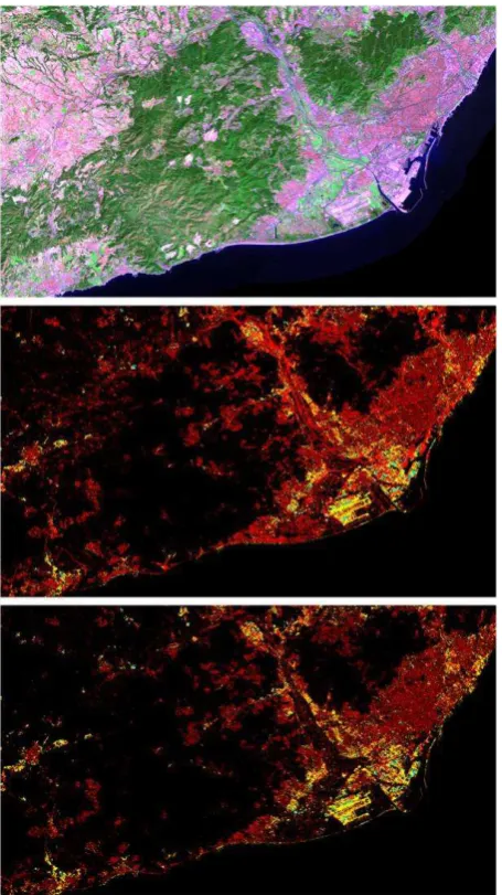 Figure 6.  Landsat image; an example of result of Minimum Distance classification, and final result after correcting 