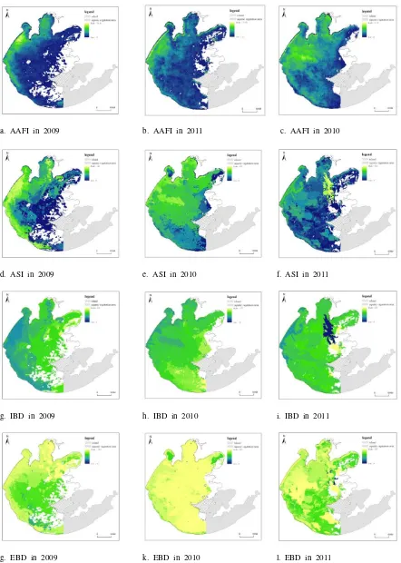 Figure 2 the spatial distribution patterns of the annual algae bloom frequency index, algae bloom sustainability index, annual initial blooming date and end blooming date in 2009, 2010 and 2011 