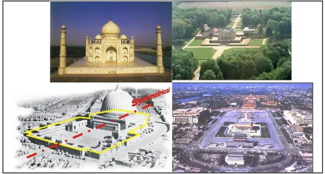 Gambar 2.2 Beberapa contoh bangunan yang dibangun secara monumental   (dari kiri ke kanan):Taj Mahal di India, Versailles di Prancis