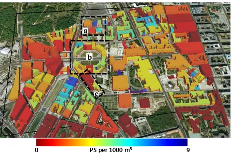 Figure 7. PS density in test area "a". It is very conspicuous that one of the building (front right) exhibits a quite low PS density, while all others host a lot more PS