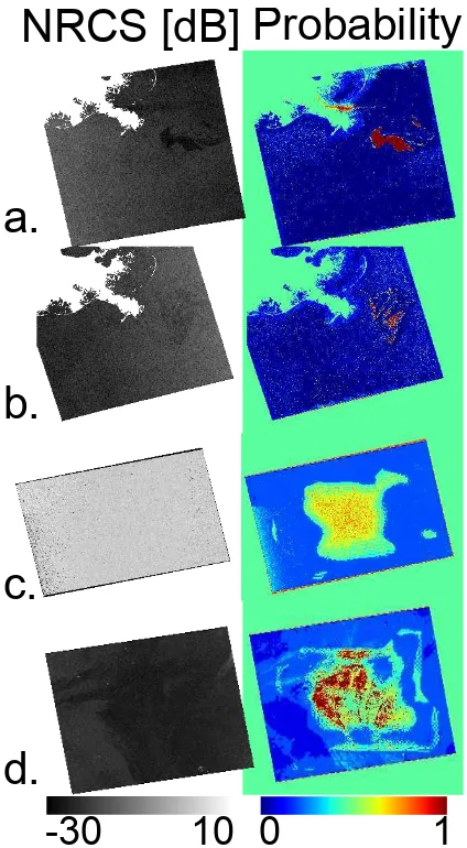 Figure 5: Joint probabilities for the imagery processed in thisstudy. a)Radarsat-2 27-Apr, b)Radarsat-2 01-May, c)Alos 01-May, d)Alos 04-May