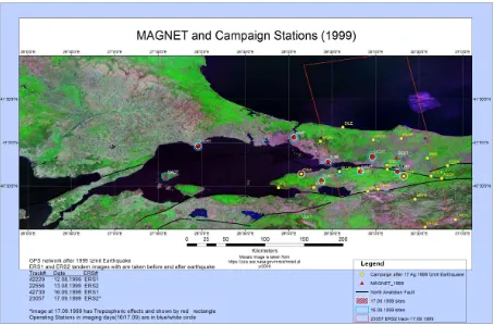 Figure 1. MAGNET and campaign sites after 1999 İzmit Earthquake red rectangle shows the ERS image boundary 