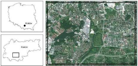 Figure 1. Localization of study site. Left top: border of Poland, Left bottom: City of Krakow borders, right: GeoEye satellite image (bands: 321) of the study area
