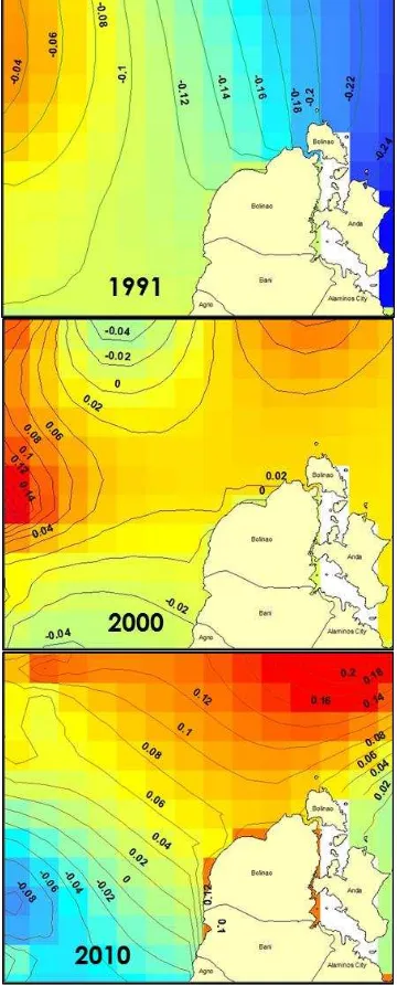 Figure 7. Contour maps of sea level anomalies for 1991 (top),  2000 (middle) and 2010 (bottom)