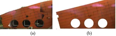 Figure 10. A plan that is part of the front façade of the building (a) Textured point cloud (b) Creating the patch in Cyclone software (c) Textured patch in Cyclone software using an aleatory color from the software palette (d) The surface textured in AutoCad by using the presented algorithm 