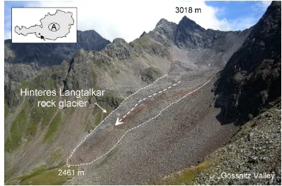 Figure 1. Terrestrial view of Hinteres Langtalkar rock glacier. The rock glacier tongue is moving over a break-in-slope into steeper terrain causing sliding of its frontal slope