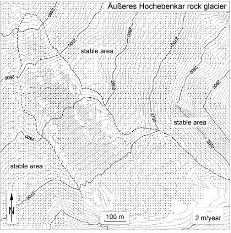 Figure 8. Mean annual horizontal flow velocity at Äußeres Hochebenkar rock glacier for the time period 1997-2003 (derived from Figure 7)