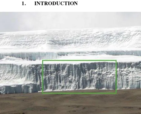 Figure 1: A part of the Northern Ice Field on Kibo. The “sample cliff” is outlined by the green rectangular