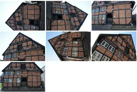 Fig. 10 shows 7 photographs used for automatic texture mapping of the building facade of the town house in Bad Segeberg, while in Fig
