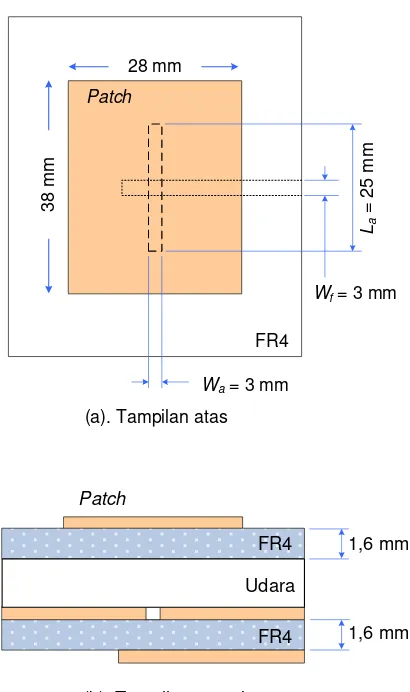 Gambar 3.5  Rancangan Antena Mikrostrip Patch Segiempat Pencatuan Aperture Coupled dengan Gap Udara 