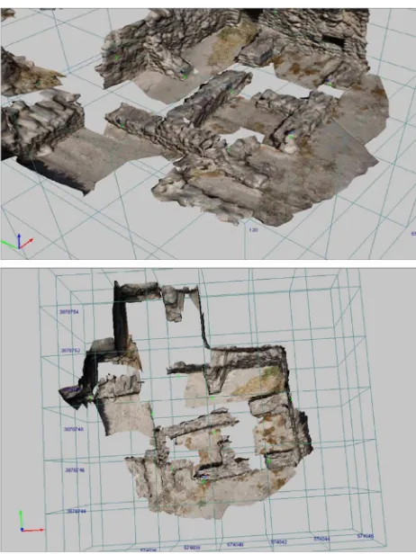 Figure 10. 3D surface model of the frontal wall (A area);  a) TLS (HDS2500 laser scanner, CycloneReconstructorTM and TM software); b) Topcon Image Master PhotoTM software; c) ZscanTM, ZmapTM software 