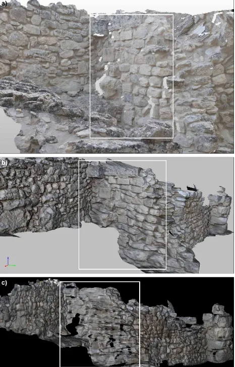 Figure 11. 3D surface model of the lateral wall (A area); a) TLS (HDS2500 laser scanner, CycloneReconstructorTM and TM software); b) Topcon Image Master PhotoTMsoftware; c) ZscanTM, ZmapTM software 