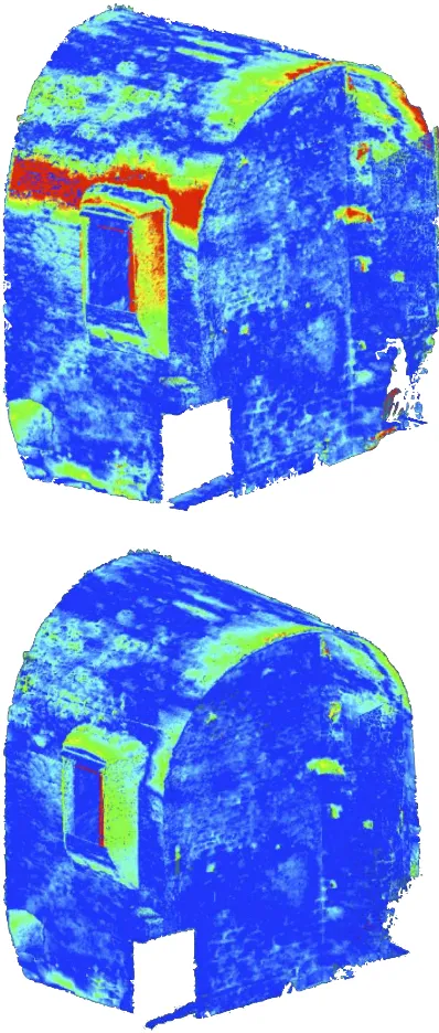 Figure 3. Improving the model by comparing the point cloud; on upper picture, the area in red shows wrong choices corrected on the picture below