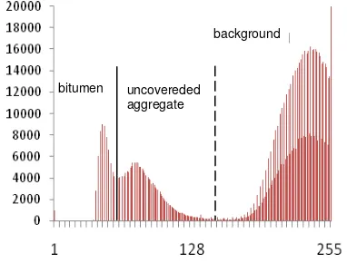 Figure 10: Classification image with background (red), uncovered aggregate (blue) and bitumen (green)