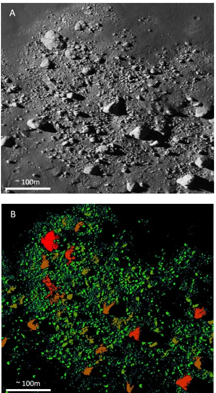 Figure 1. (A) Subset of NAC image M135433752LE covering a boulder field situated around -30.4°lat and 322.5°lon (B) Groups of pixels detected as bright faces of boulders on the image (colors correspond to ranges of size)  