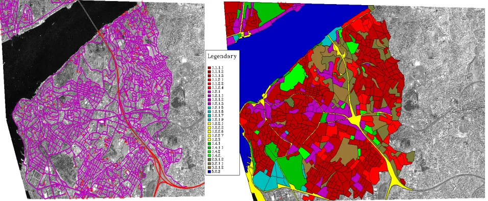 Figure 1: Example of the digitised transportation network on the left (Highways in red, other road in pink) and the lad-use data set on the right with the legendary of the classes (red = residential, pink = business)  