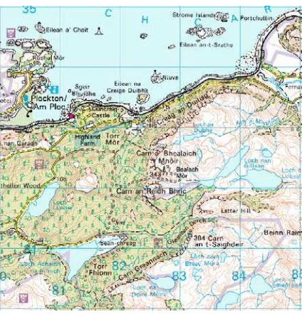 Figure 1b.Topographic map of Plockton – an area of coastal (some intertidal) islands, inland lakes, steep rocky slopes, forested and un-forested mountains