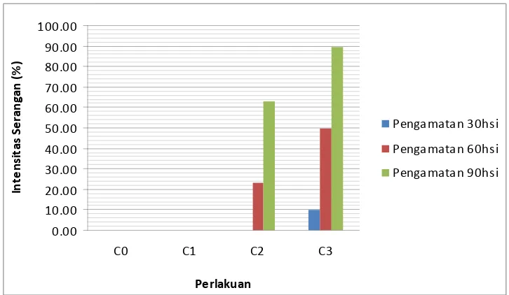 Tabel 2 : Rataan Intensitas Serangan (%) Penyakit  Layu Fusarium Pada Faktor                          Kultivar (V) Pada Pengamatan 30-90 hsi