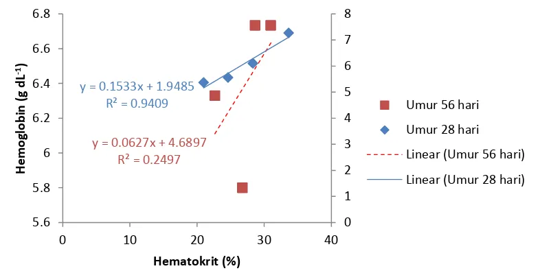 Gambar 4  Grafik korelasi antara hemoglobin (g dL-1) dan hematokrit (%) darah        anak domba umur 28 dan 56 hari 