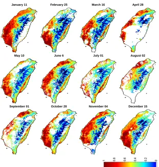 Figure 4 shows the spatio-temporal evolution of TVDI from January to December 2009. In general, the TVDI results (values from 0 to 1) show a large degree of variation in TVDI values over space and time