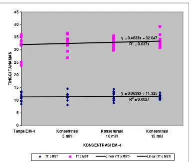 Gambar 2. Grafik hubungan konsentrasi EM-4 terhadap tinggi tanaman pada umur 3 MST dan 6 MST (Minggu Setelah Tanam)