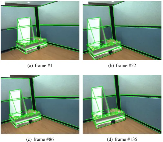 Figure 6: Pose estimation for 3D object tracking on a sequnce recorded with a moving camera.