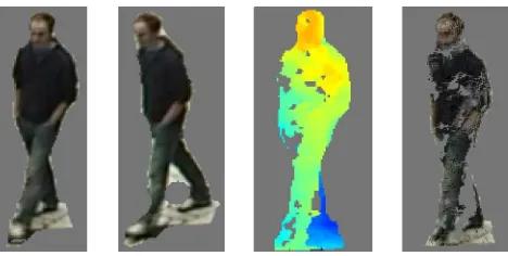 Figure 3: Input to dense matching (left), colour-coded disparitymap (center) and coloured point cloud (right).