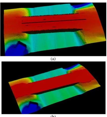 Figure 13. Bridge ROI DSM derived from LiDAR data (a) and (b) DSM based on the precise DBM (b) (bridge 2) 