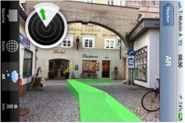 Figure 2. A screenshot of the AR-based interface, with a real world camera view, route overlay, street names and relevant landmarks (© Salzburg Research)
