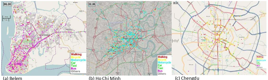 Figure 10. Spatial distribution of people at 8 a.m. in three cities: (a) Belem, (b) Ho Chi Minh, (c) Chengdu 